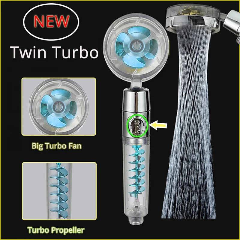 High Pressure Shower Head Twin Turbocharged Shower Head Handheld Turbo Fan Propeller Shower One-key Stop Massage Showerhead