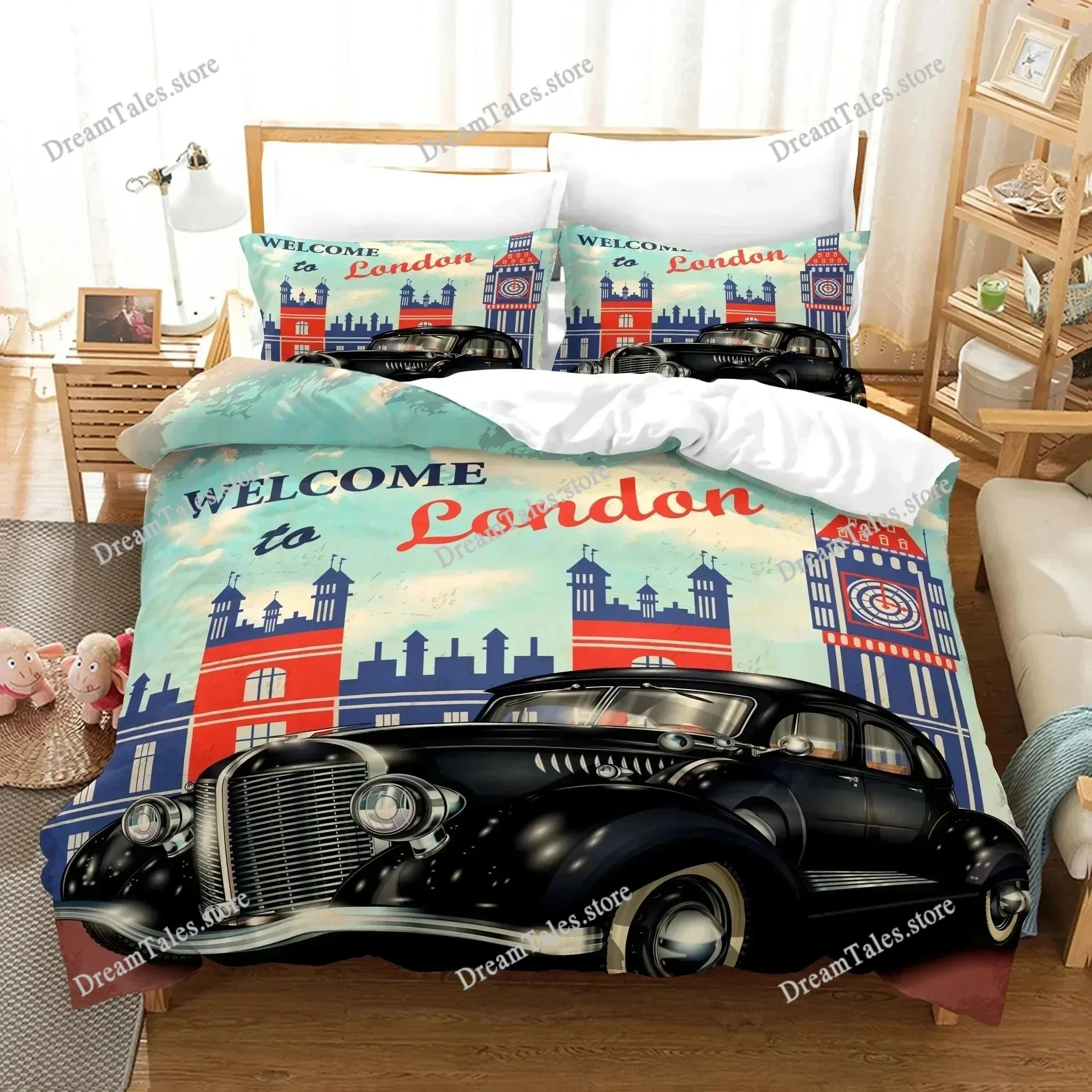

Cars Duvet Cover Traditional Old Car Race Nostalgic American Car Bedding Set Classic Cars Polyester Quilt Cover for Boys Teens