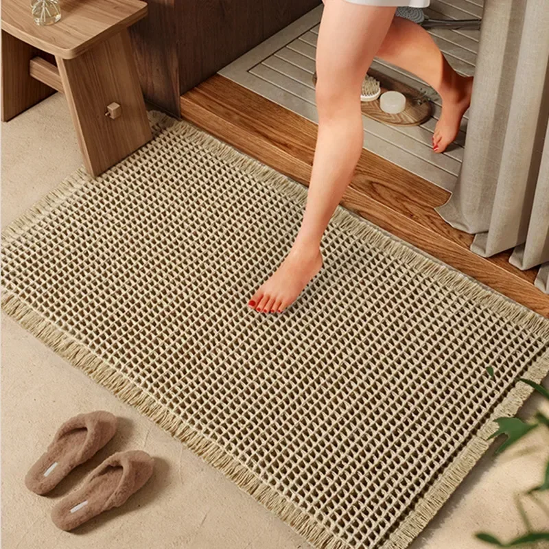 Badematte aus Waffel-Badematte aus Polyester-Baumwolle, Badezimmer-Fußmatte, rutschfeste Fußmatten, wasserabsorbierendes, schnell trocknendes Bodenhandtuch, rutschfester Teppich
