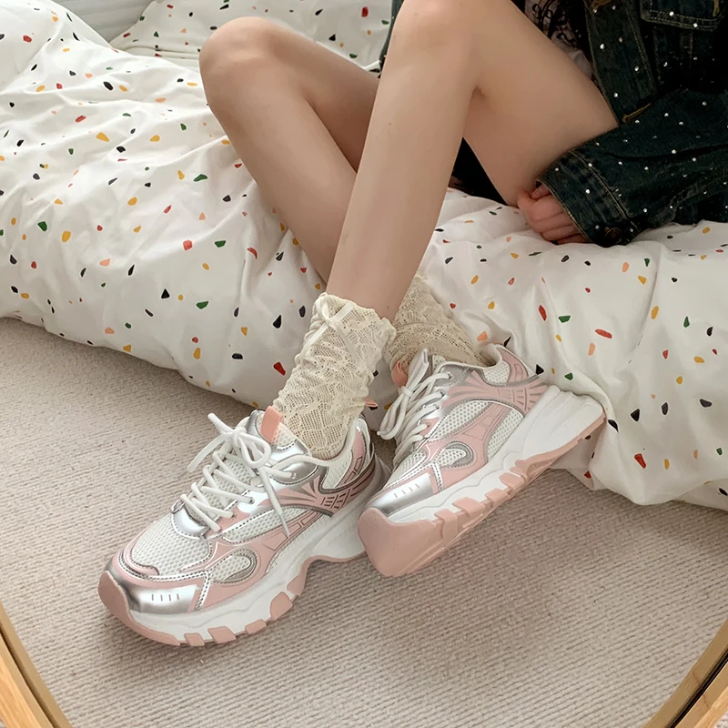 Sneakers Mesh Shoes Women's Heels Platform Tennis Female Woman shoes Breathable 2024 Thick Sole Fashion Casual Trainers Roses