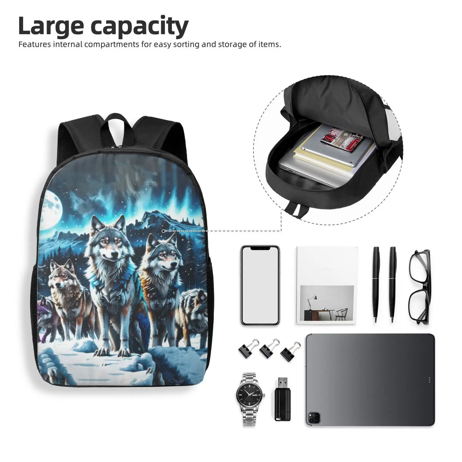 Snow Wolf Print Backpack Travel Laptop Bag for Women, Large Capacity Lightweight Laptop Bag Back To School Adjustable Straps