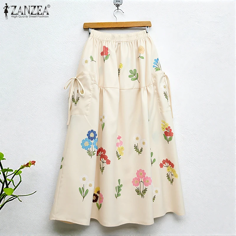 ZANZEA Modne Spódnice Maxi Damskie 2025 Jesienne Długie Spódnice z Kwiatowym Nadrukiem, Elastyczna Talia, Luźne Spódnice na Wakacje, Jupes Faldas Saia
