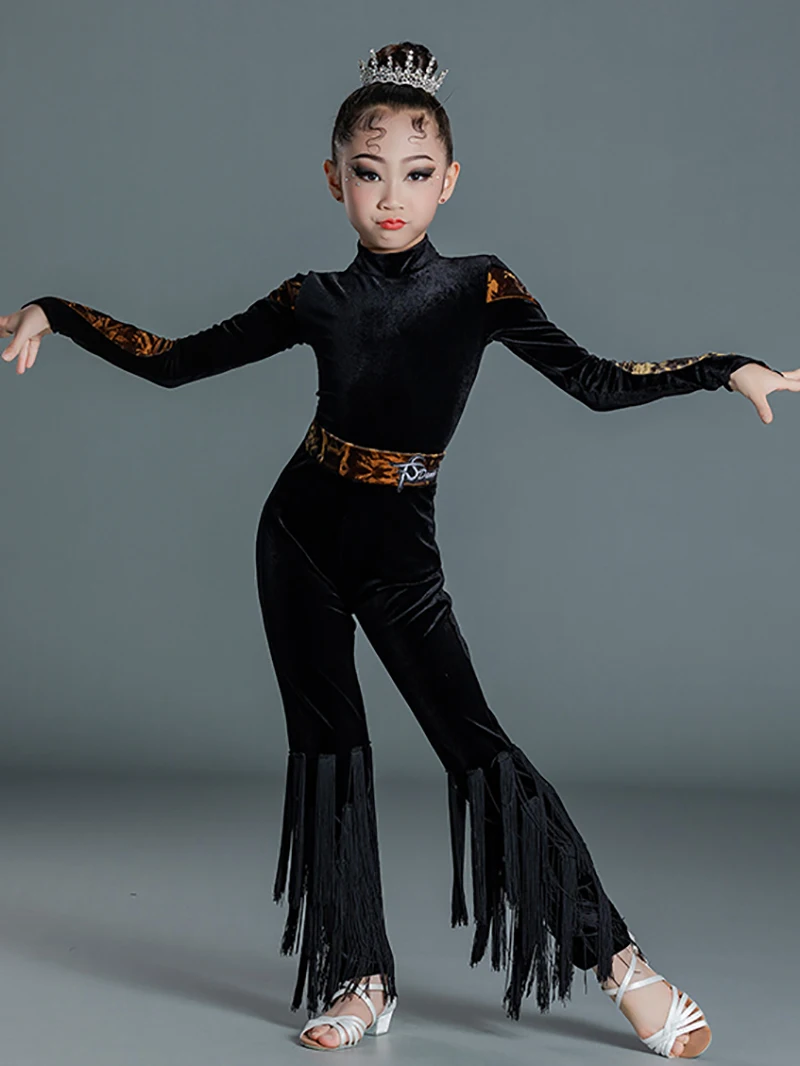 

Осенне-зимняя детская одежда для латинских танцев, черные бархатные штаны с бахромой, комплект тренировочной одежды с длинными рукавами для девочек