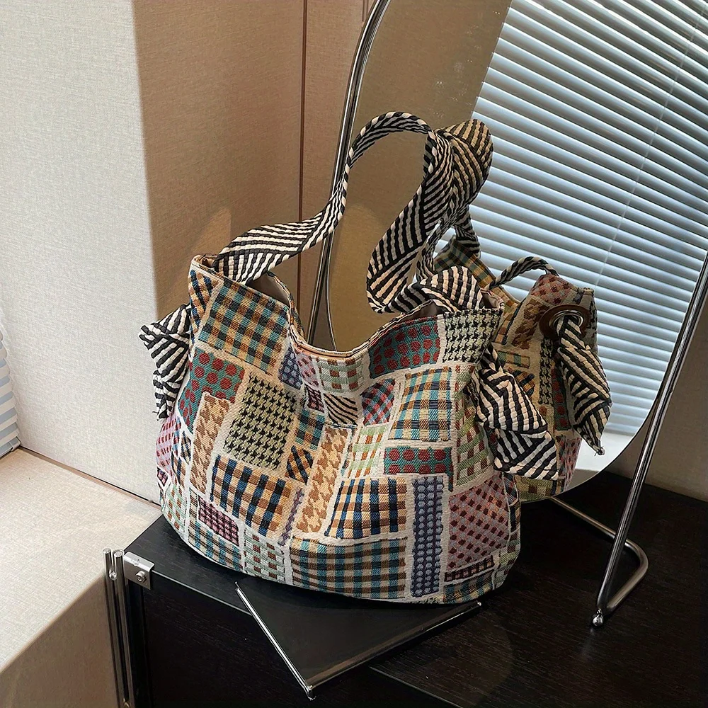Vintage Tartan Large Capacity Tote Bag, Casual Personalized Patchwork Shoulder Bag, Fashionable Color Blocked Commuting Handbag