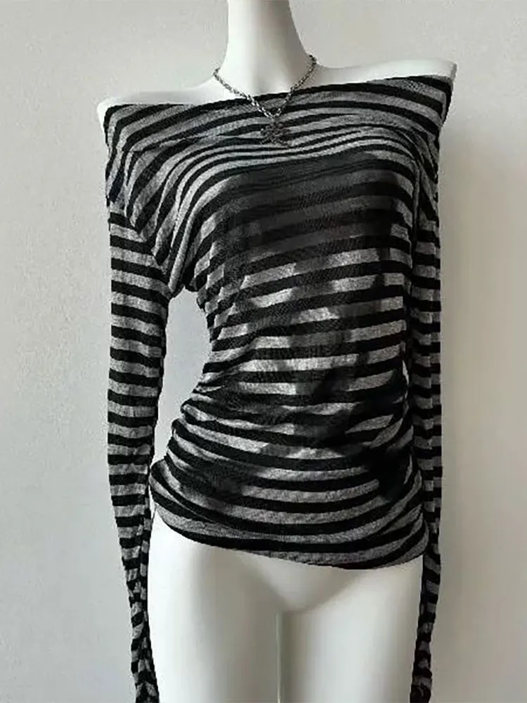 Gothic Vintage Skull Stripe T-shirt Women Off shoulder Top Designer Knitted Basic Long sleeve Tees 2000s Y2k Clothes Fashion New