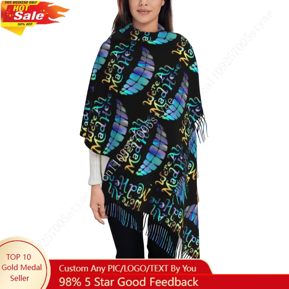 

Custom Female Long We Are All Mad Here Cheshire Cat Scarves Women Winter Fall Soft Warm Tassel Shawl Wrap Scarf