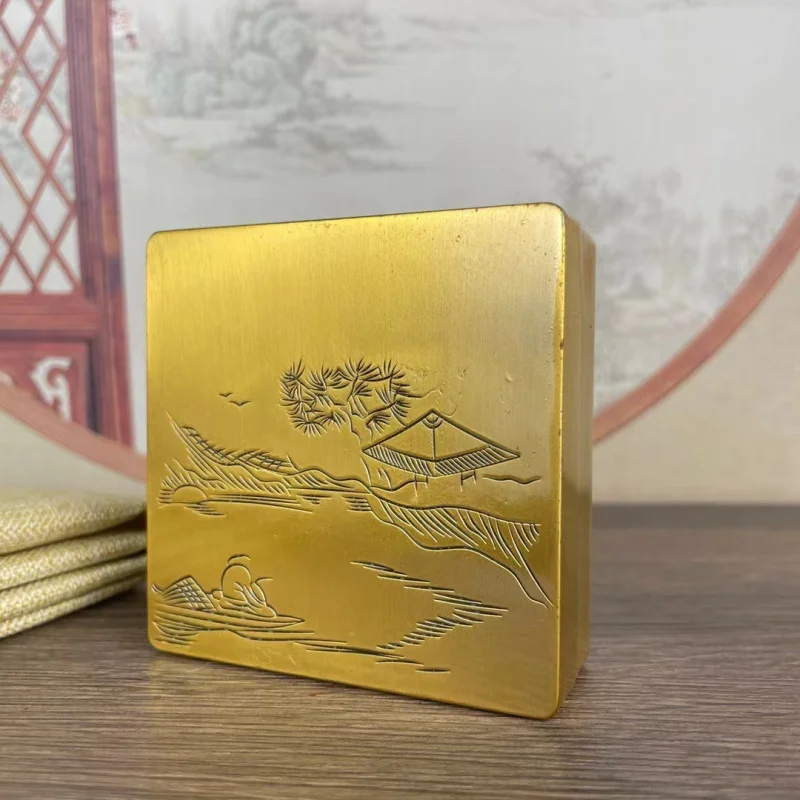 Square with lid, new antique case, copper ink box, home study office decoration, inkstone