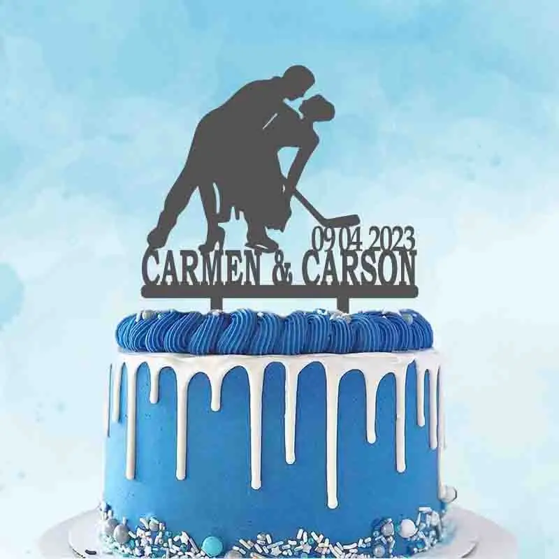 Personalized Ice Hockey Cake Topper Custom Name Date Bride & Groom Playing Ice Hockey Silhouette Wedding Cake Decoration YC438