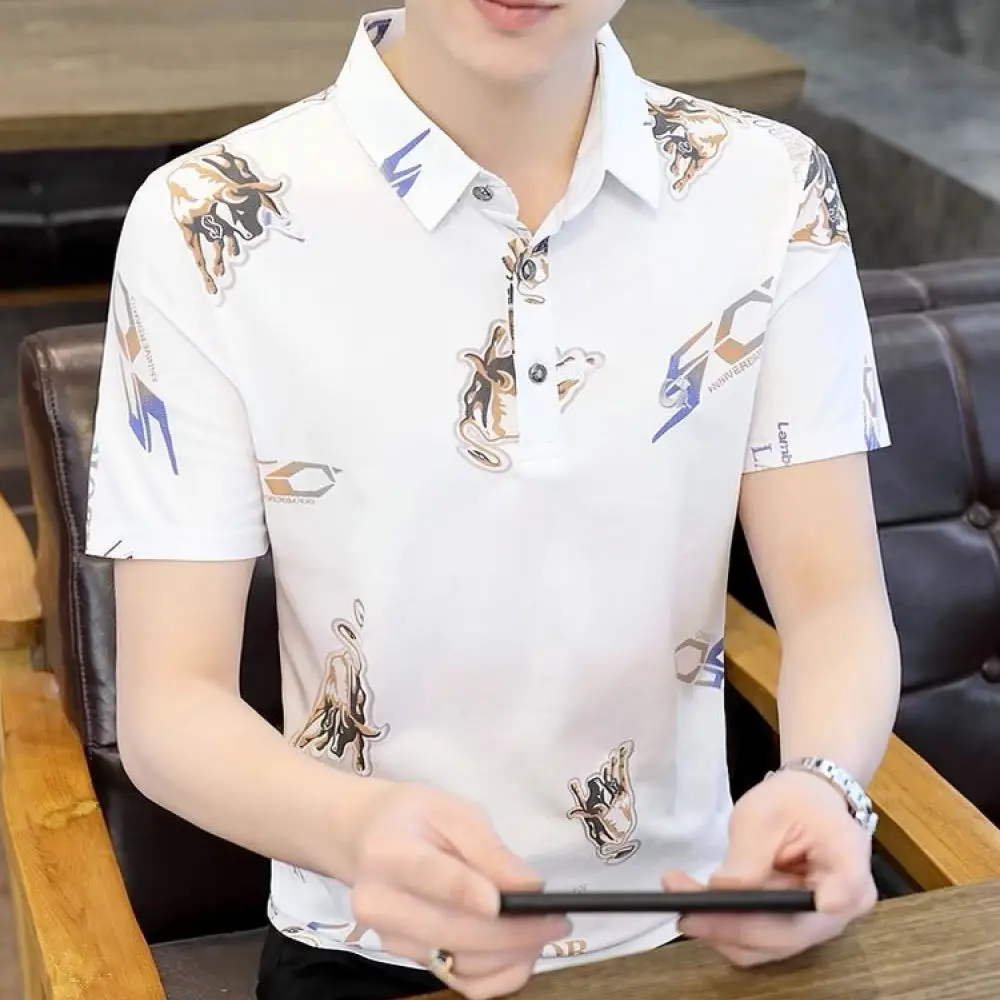 Summer Casual Polo Shirt Mens Short Sleeve Ice Silk Tee Slim Fit Breathable Fashion Korean Style Business Apparel