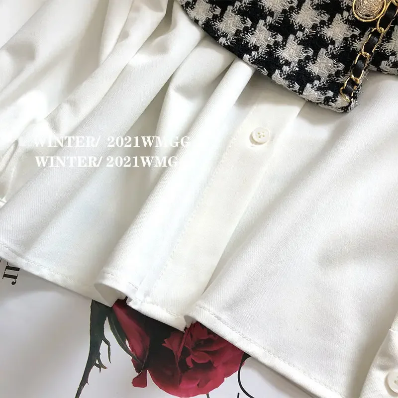 Camisole Tanks Tops White Shirt Women Thousand Bird Check  Blusas Mujer Vintage Vest 2 Piece Sets Loose Blouse Chic Chiffon