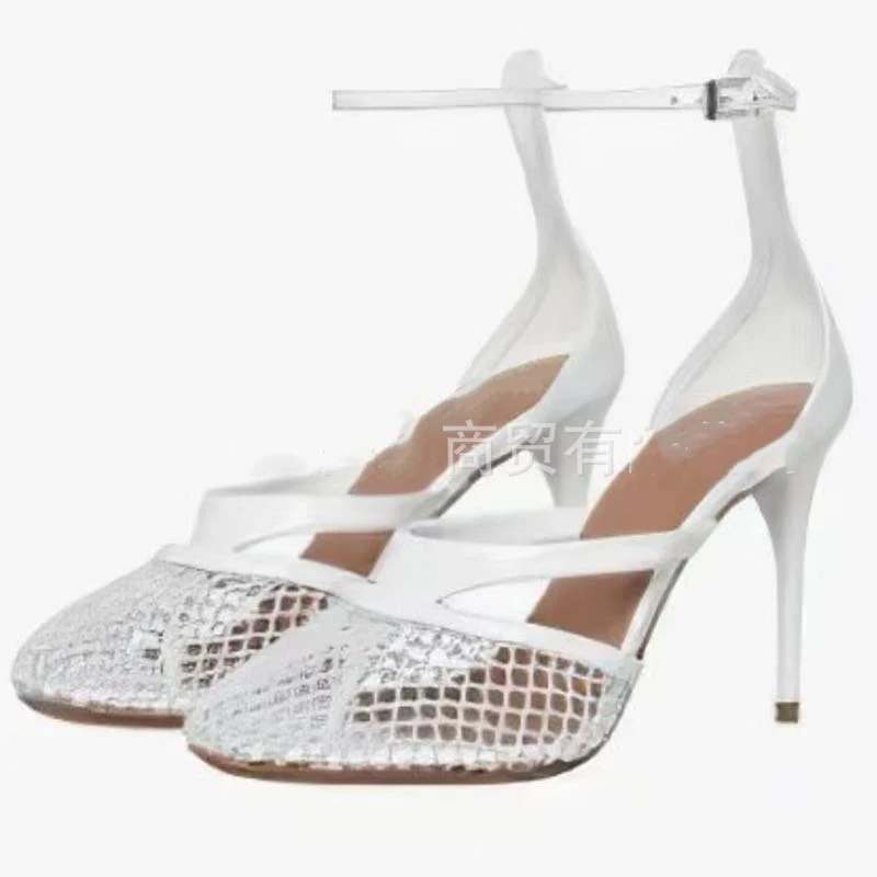 Fishnet Patent Leather-Trimmed Mesh Women Pumps Shoes High Heels Buckled Sandalias Femininas Black Ankle Strap Zapatos Mujer