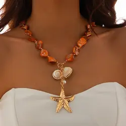 Lacteo Bohemia Orange Geometric Stone Chain Necklace Elegant For Women Gold Color Chunky Thick Star Pendant Ocean Beach Jewelry