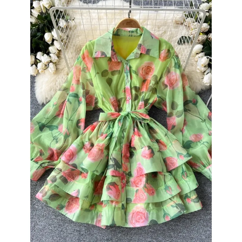 Vestido de fiesta Retro para mujer, minivestido de cintura con cordones, cuello de Polo, manga de linterna, volantes, estampado, elegante, nueva moda