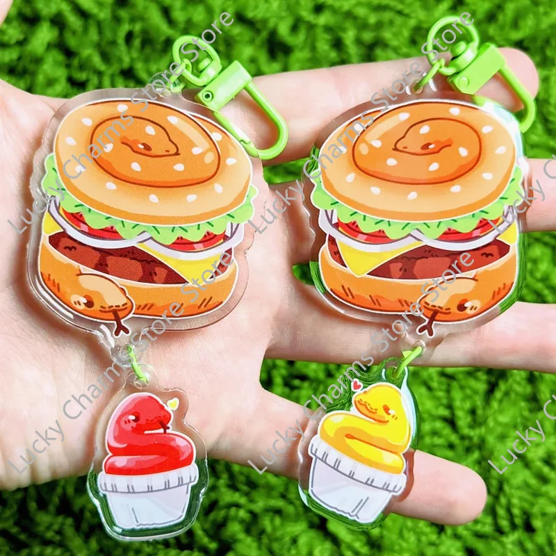 Cute Cartoon Snake Burger Fries Acrylic Bag Charm Fast Food Serpent Double Pendant Backpack Decor Kawaii Food Animal Accessory G
