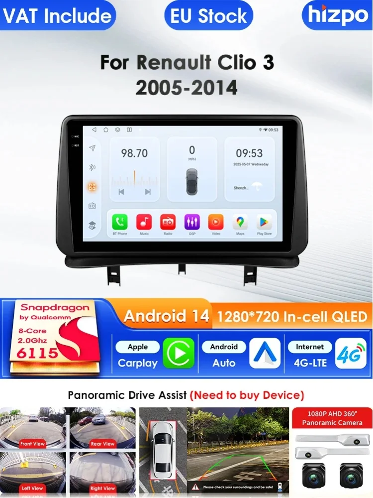 Hizpo 9 Zoll Carplay 4G AI-Systeme Android 15 Autoradio für Renault CLIO 3 2005-2014 Multimedia-Videoplayer GPS 2-DIN Autoradio 9 Zoll Intelligenter Bildschirm QLED-Display Automotive Head Unit