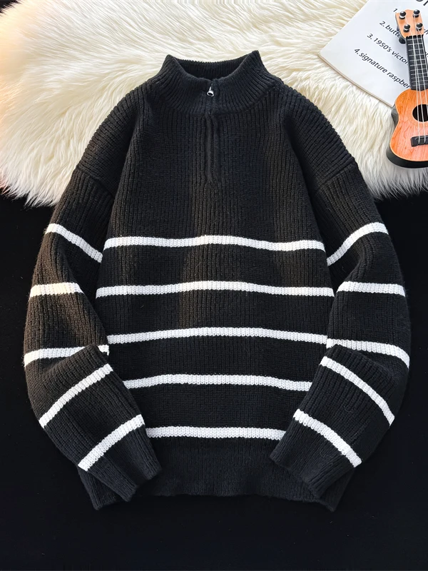 

Men's Knitted Sweater f Zipper Collar Autumn New Sle Striped Color Blo Casual Long Sve Warm Faionable Overhead