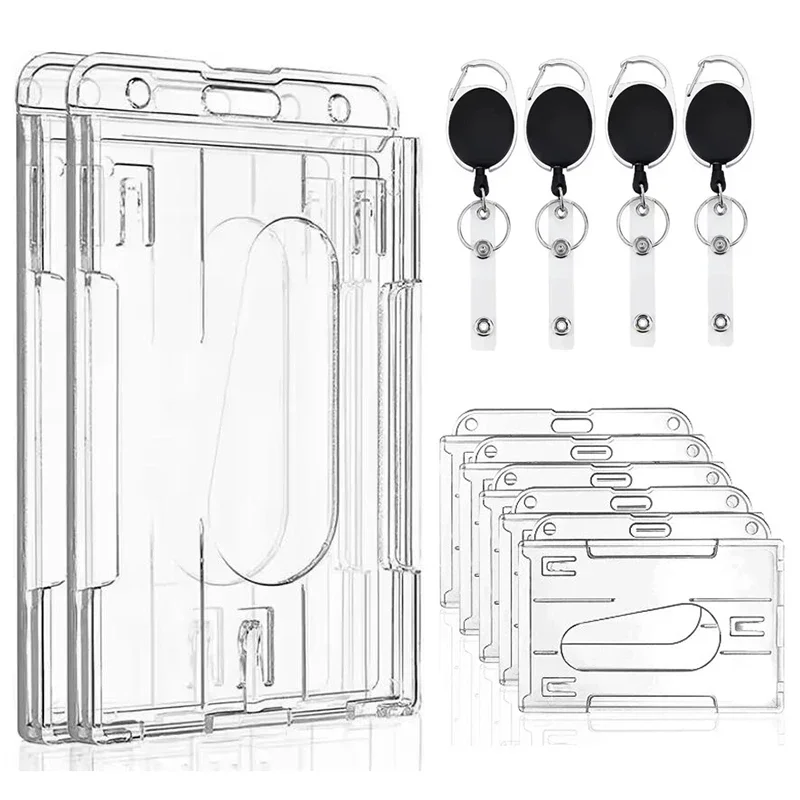 Transparent Double Cards Slots ID Tag Badge Holder with Badge Reel 2 Cards Storage Organizer Employee Pass Work Card Case Sleeve