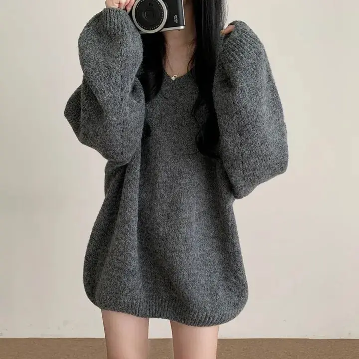 

Шикарный свитер средней длины большого размера с v-образным вырезом, женский модный свободный трикотаж, сезон весна-осень-зима из полиэфирного волокна