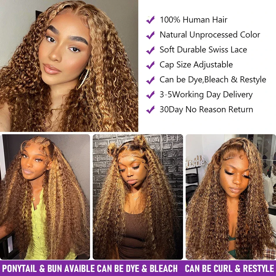 13x4 Lace Frontal Wig HD Curly Highlight Deep Wave Glueless Ready To Wear 180% Ombre 13x6 Lace Front Human Hair Wigs