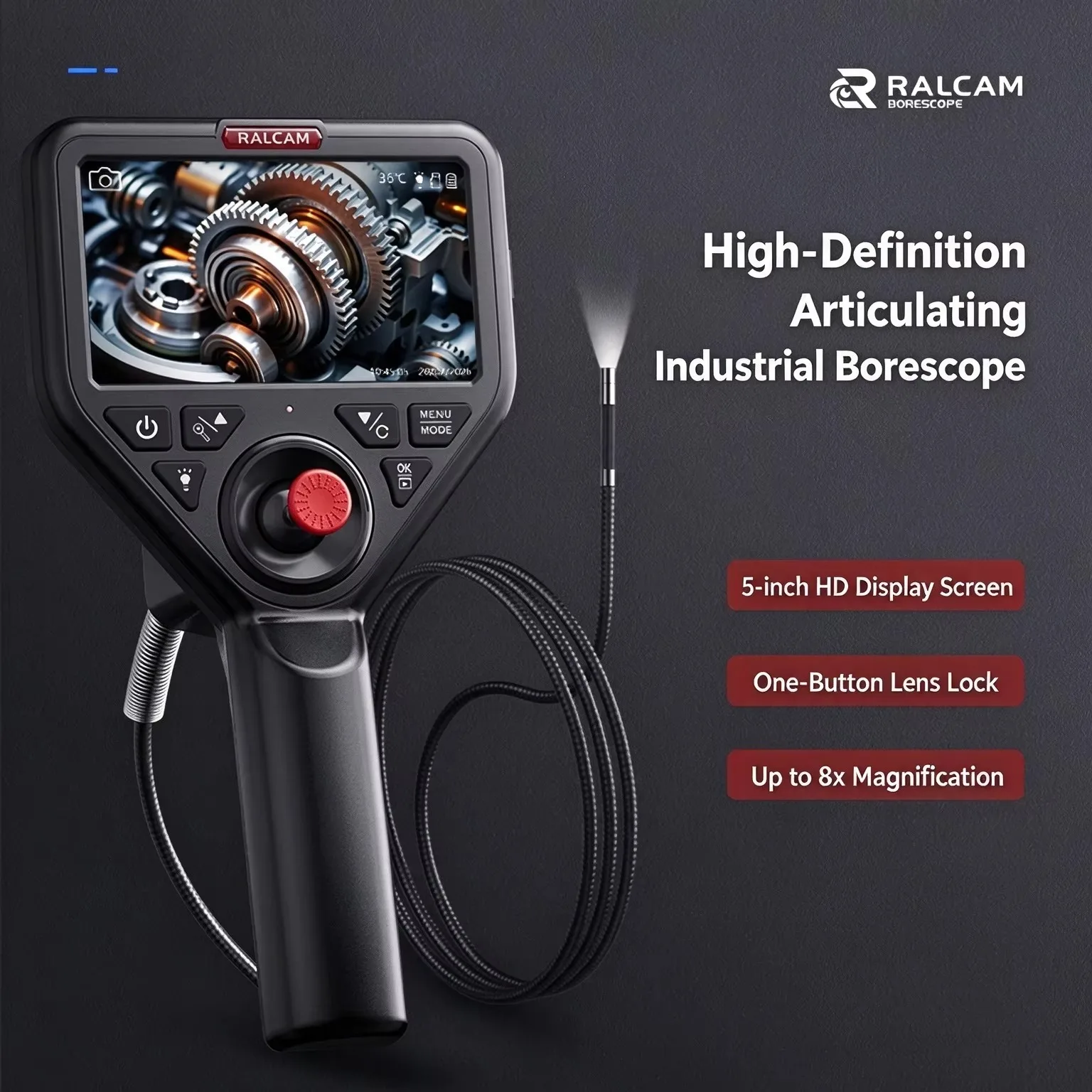 Ralcam 360° Articulated Bidirectional Endoscope Camera Endoscope Screen Endoscope HD 1080P 5 Inch IP67 Waterproof Card Included