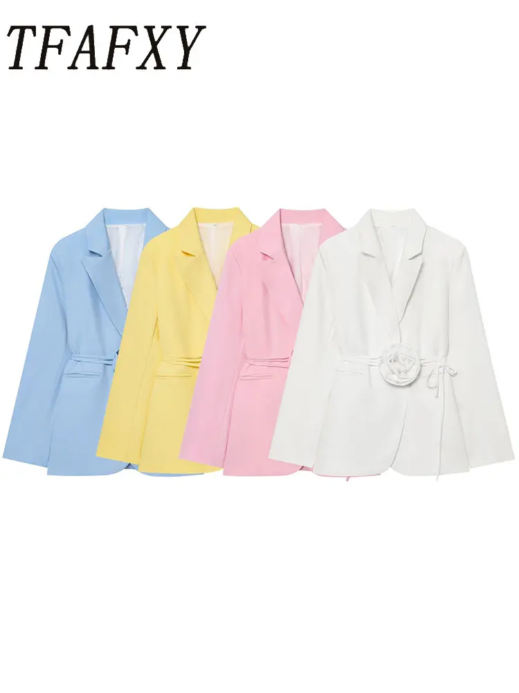 

TFAFXY Women's Casual Chic Blazer Flower Decoration Belt Lace-up Long Sleeve Blazer Fashion Autumn Office Lady Loose Blazers