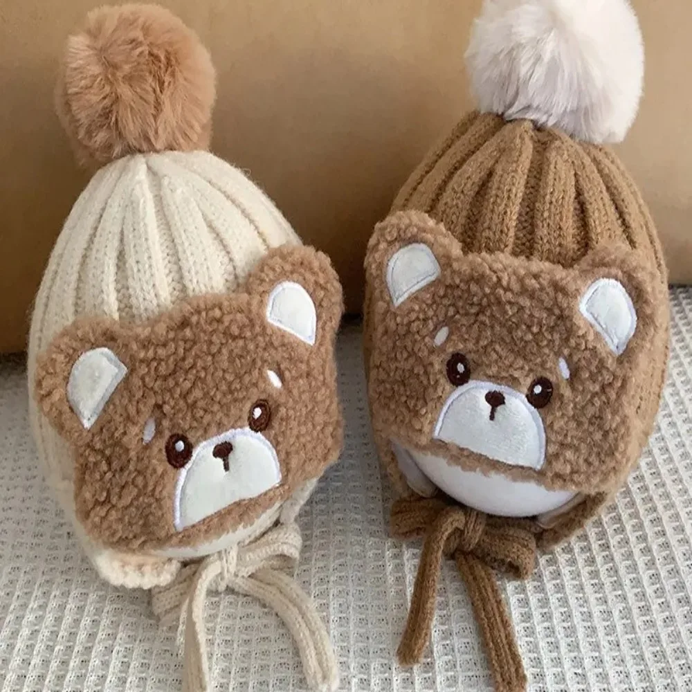 Warm Big Pompom Baby Winter Warm Hat Woolen Yarn Windproof Cartoon Bear Thick Ear Protection Cap Soft and Breathable