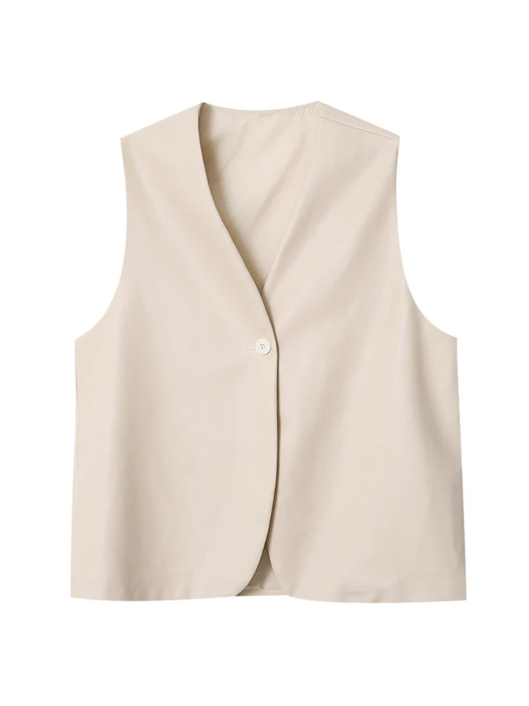 [LANMREM] Pu Leather Vest For Women V Neck Single Button Sleeveless Office Lady Fit Coats Fashion Coat 2024 Autumn New 26C171