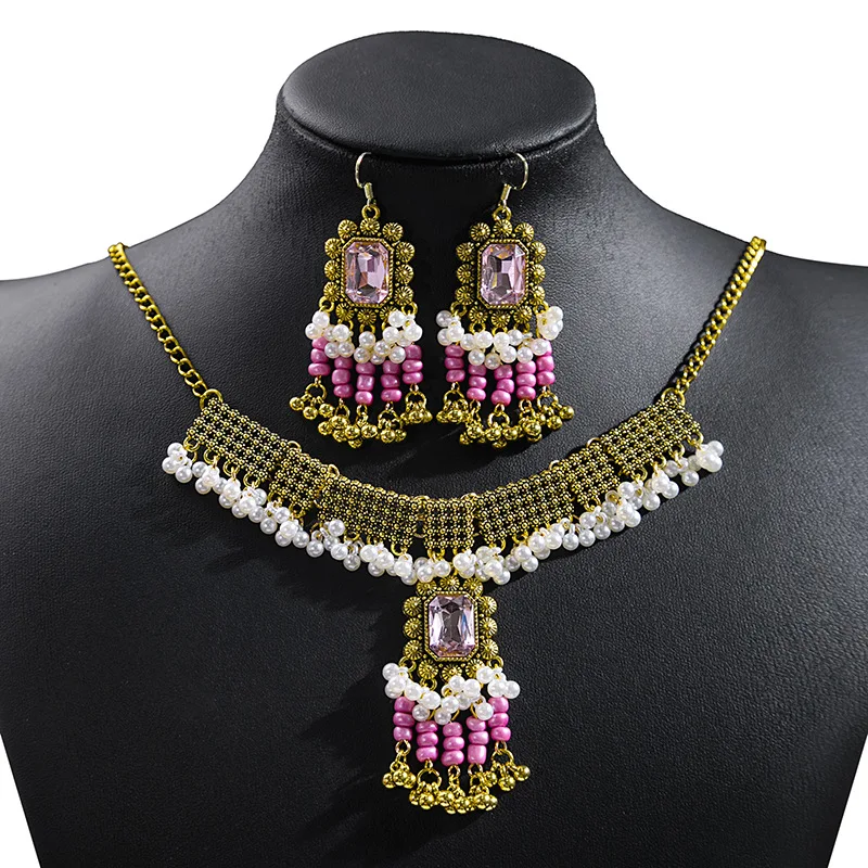 Bohemia Ethnic Pendant Necklace Earrings Set For Women Indian Bollywood Luxury Golden Square Zircon Beaded Tassel Jewelry Sets