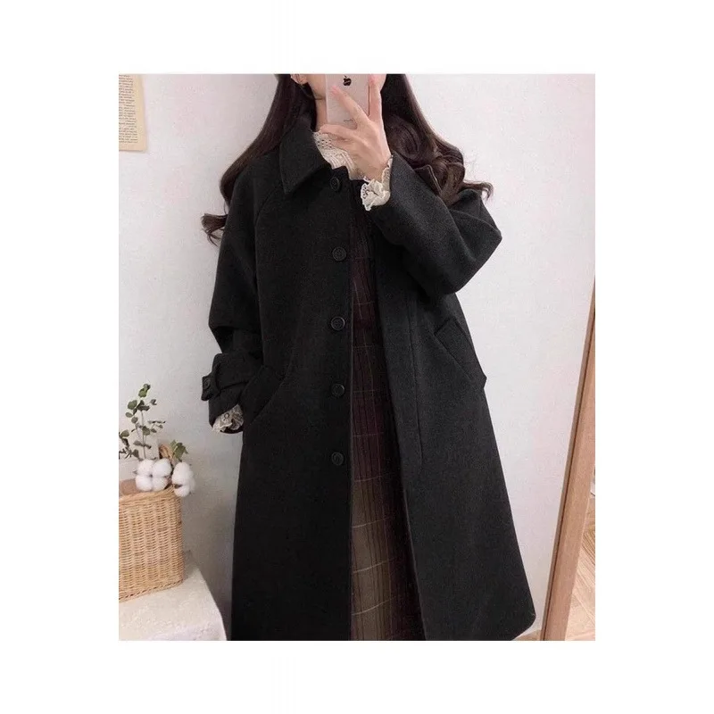حجم كبير معطف صوفي سميك للمرأة نمط هيبورن خريف شتاء جديد وصول النظام الكوري الراقية ملابس خارجية صوفية سوداء #4