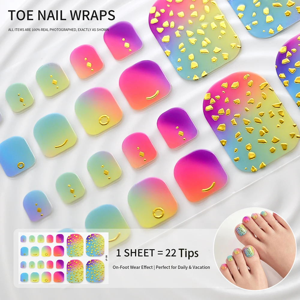 1sheet-22tips Dreamy Macaron Gradient Adorned With Fine Hot Stamping Glitter/gold Foil Texture Free-Baking Toenails Art Stickers