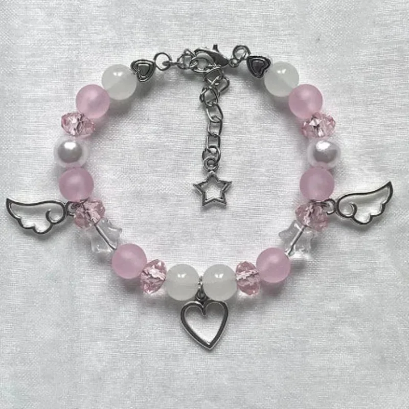 Edgy Chrome Winged Heart Beaded Charm Bracelet Y2K, Gift Ideas, Trendy Bracelets, Charm Bracelets, Cute, Friendship Bracelets