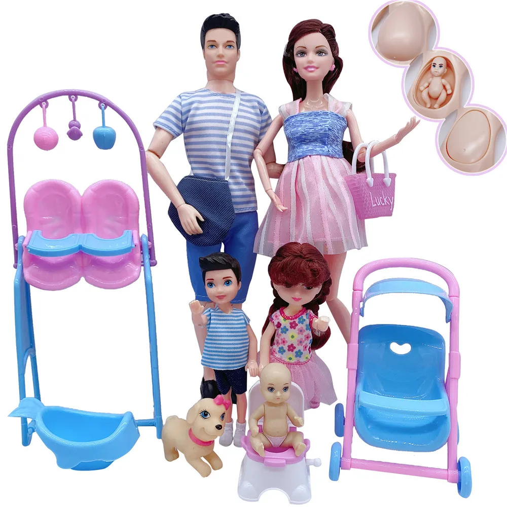 Fashion Cute Family Dolls Set Pregnant Mom Doll Have a Baby in Her Tummy 6 People With Accessories  Educational Toys for Kids