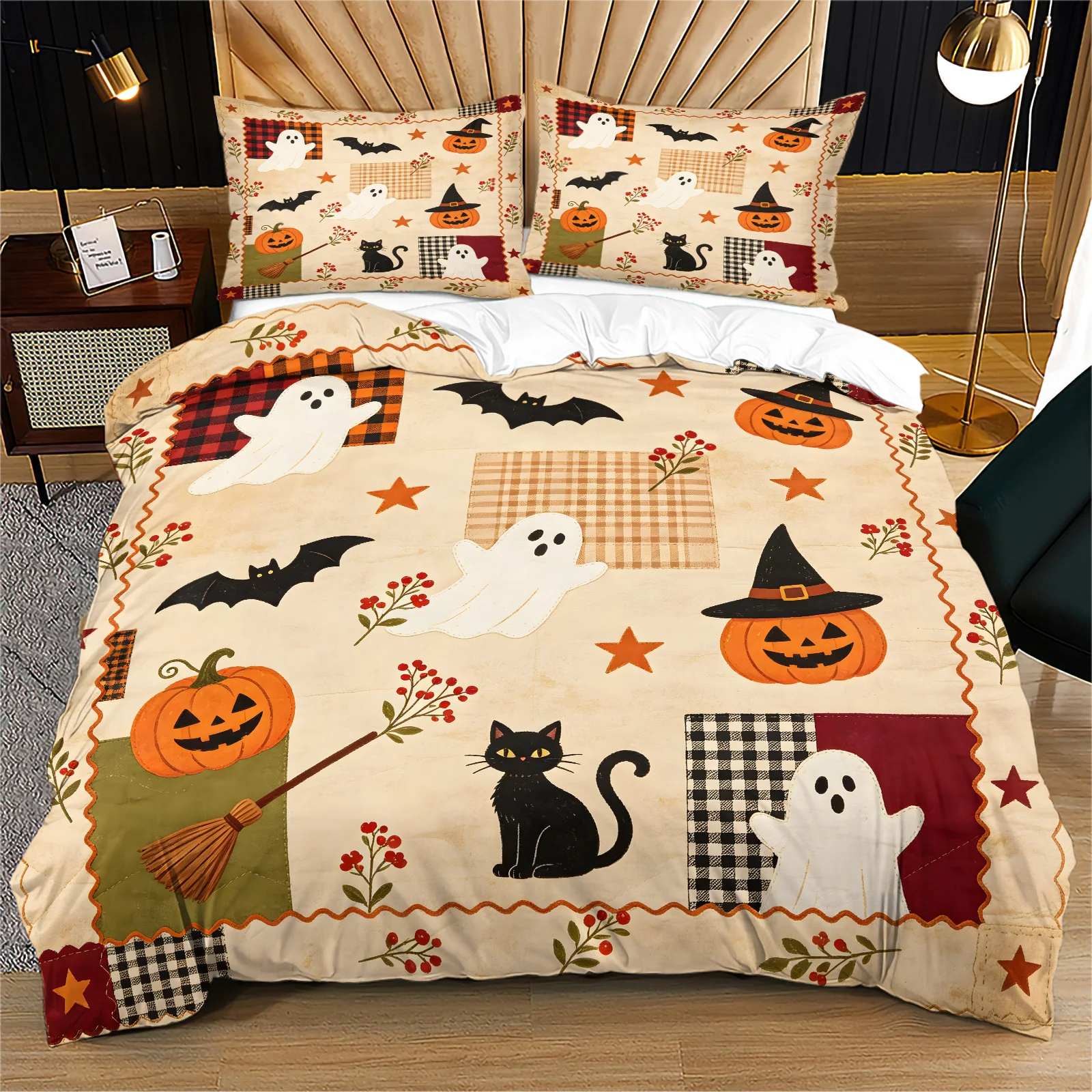 Vintage Halloween Bedding Set Patchwork Ghost Pumpkin Black Cat Print Duvet Cover Soft Microfiber Quilt Cover With Pillowshams