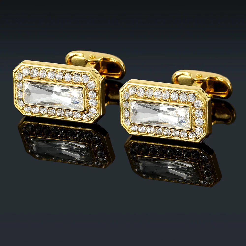 Luxury Men Full Crystal Paved Golden Rectangle Cufflinks Dazzling Groom Business Suit Shirt Secure Clutch Back Cuff Button