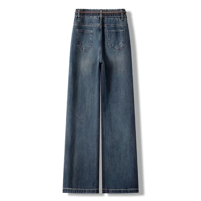 Elastic waist lace-up straight leg pants women in spring narrow version high waist slimming commute casual wide leg jeans