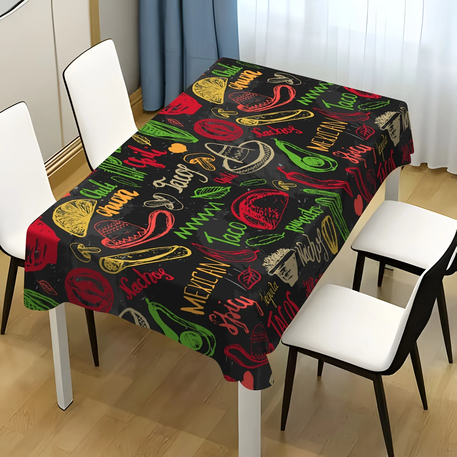 One colorful Mexican food print tablecloth - durable polyester fabric, featuring tacos, yzb