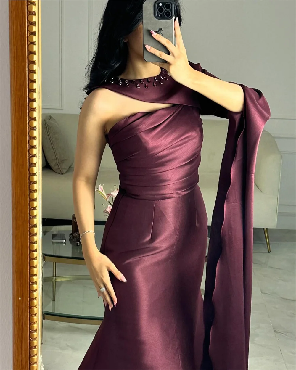 ROYET High Neck Crystals One Shoulder Full Sleeve Mermaid Evening Party Dress Floor Length Sweep Train Prom Gown New 2024