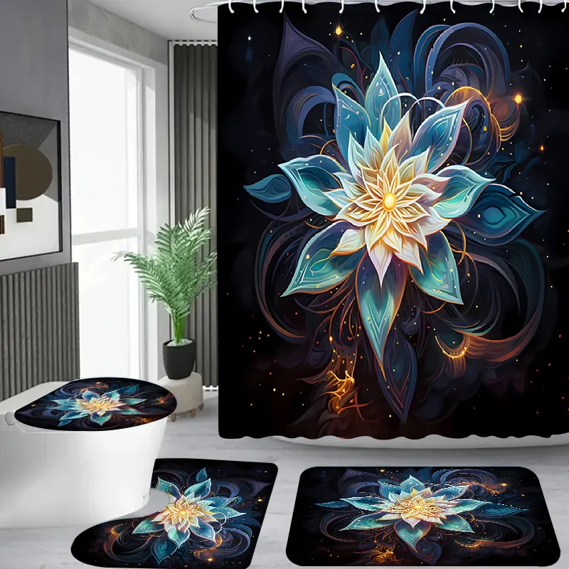 

4pcs Magical for Lotus Pattern, Shower curtain set, shower curtain with 12 hooks, bathroom mat, Toilet U-shaped mat, Toilet
