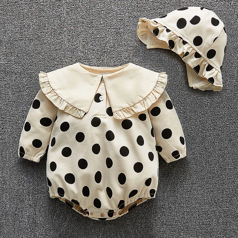 

Polka Dot Long Sleeve Newborn Baby Bodysuits for Spring Autumn Princess Girls Onesis Clothes with Hat