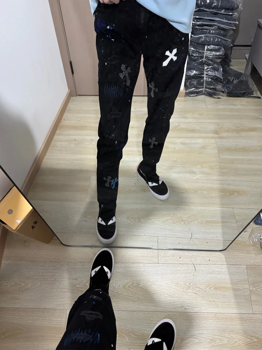 

American Sle Men's Casual Jeans Hole Punching Cross Drill Bla Slim Straight Leg Long Pants Versatile Wear Resistant