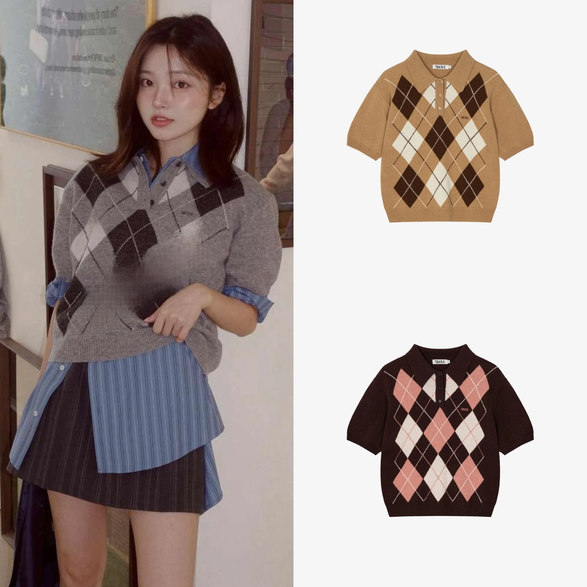 

Vintage Knitted Sweater with Diamond Pattern And Collar ort Sve Autumn Faion Ladies' T-irt College Sle Knitwear