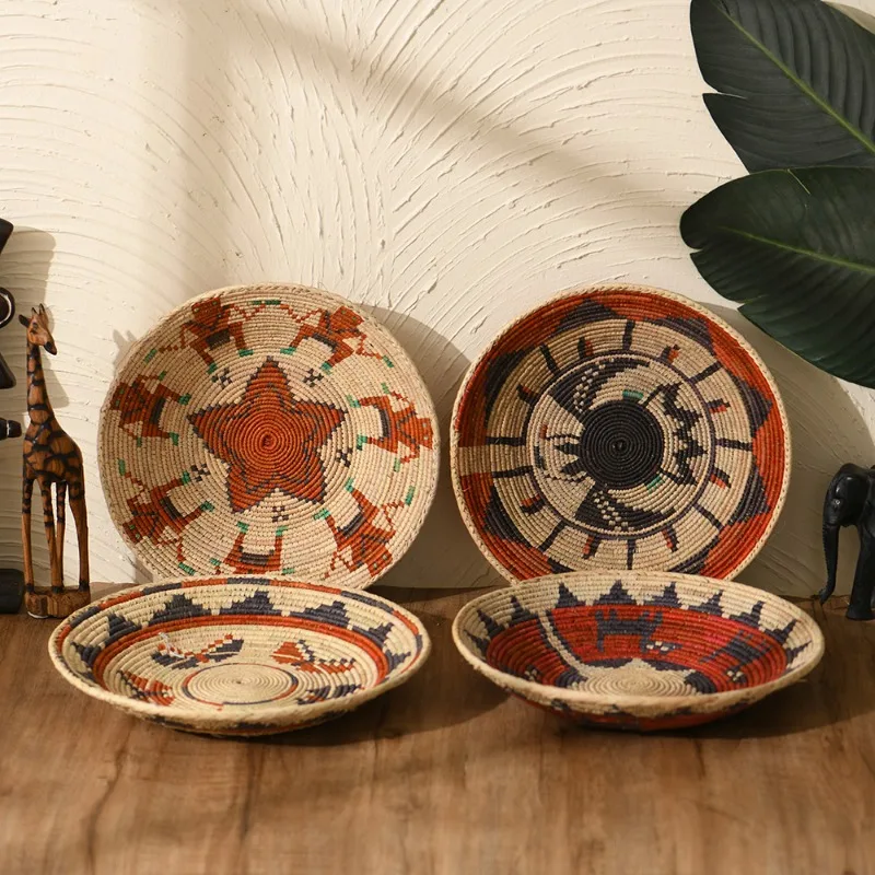 

Creative raffia hand-woven plates, plant-dyed bamboo plates, porch decoration, change keys, storage plates