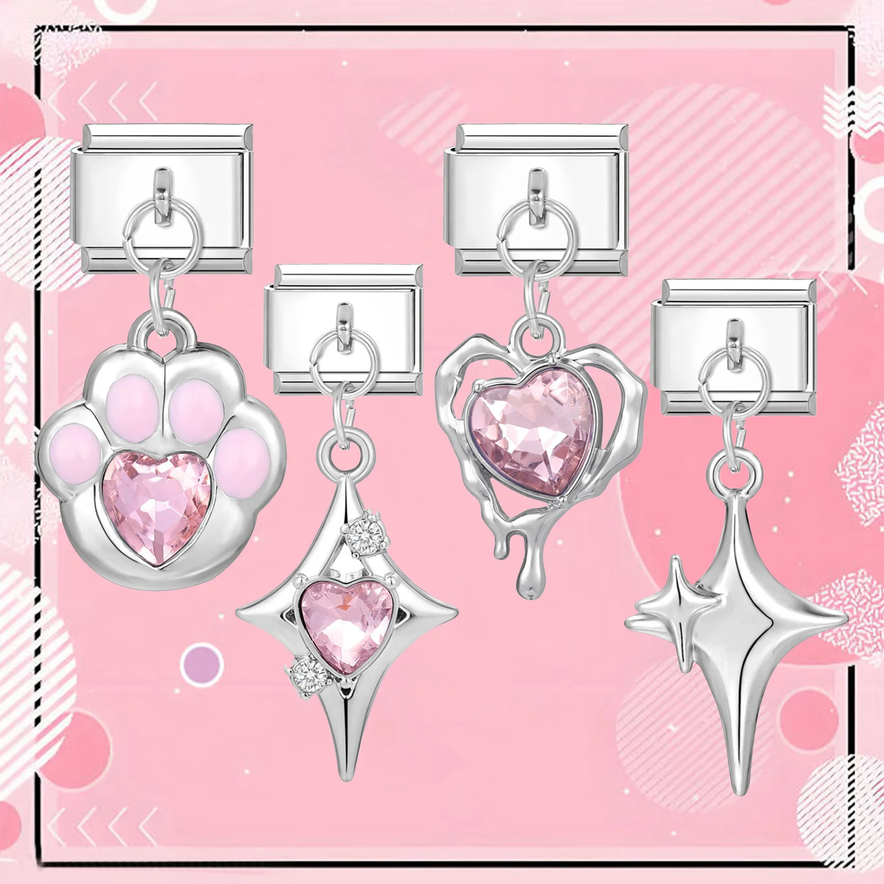 1pc silvery sparkling stars pink heart cute claw pendant -9mm stainless steel Italian style module DIY charm bracelet necklace
