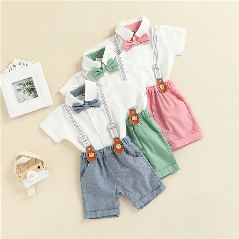 

0-3Years Toddler Baby Boy Summer Kid Long-Sleeve Tops Suspender Pants Long Sleeve Lapel Neck Button Romper Shirt