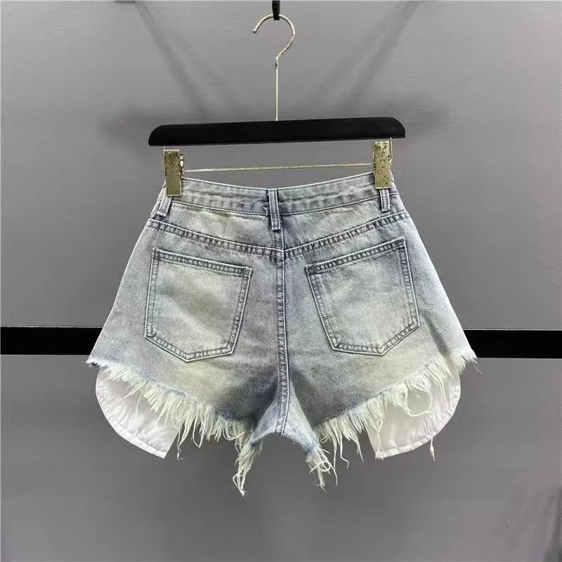 Korean Vintage Blue Sexy Ripped Jeans for Women Patchwork A-line High-waisted Denim Ultra Shorts 2024 New