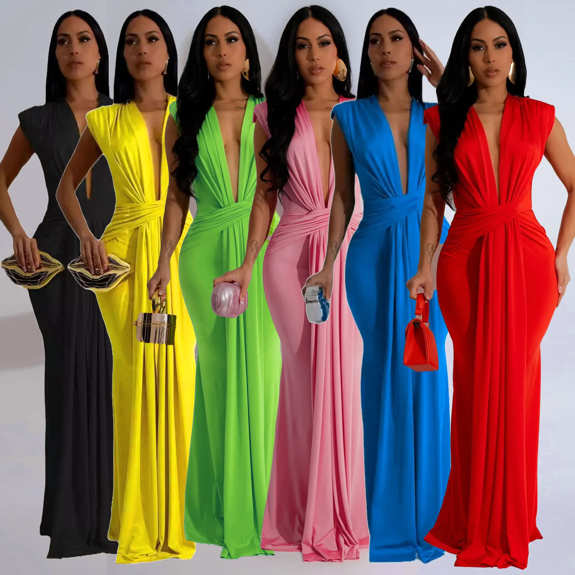 

EINY Y2k Elegant Ruched Bodycon Maxi Dresses for Women Birthday Night Party Evening Prom Deep V-Neck Celebrity Formal Long Dress