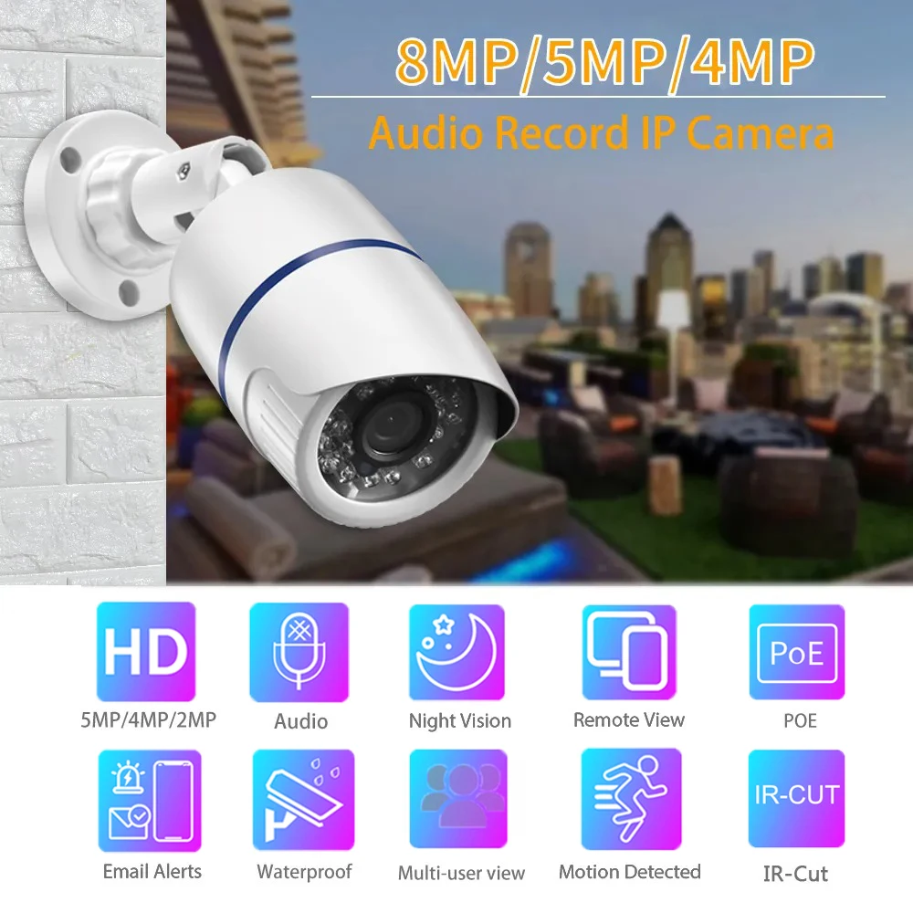 Gadinan 3840*2160 8MP 5MP 4MP Audio POE IP Camera Street Outdoor Motion Detection Bullet CCTV Night Vision Security Protection