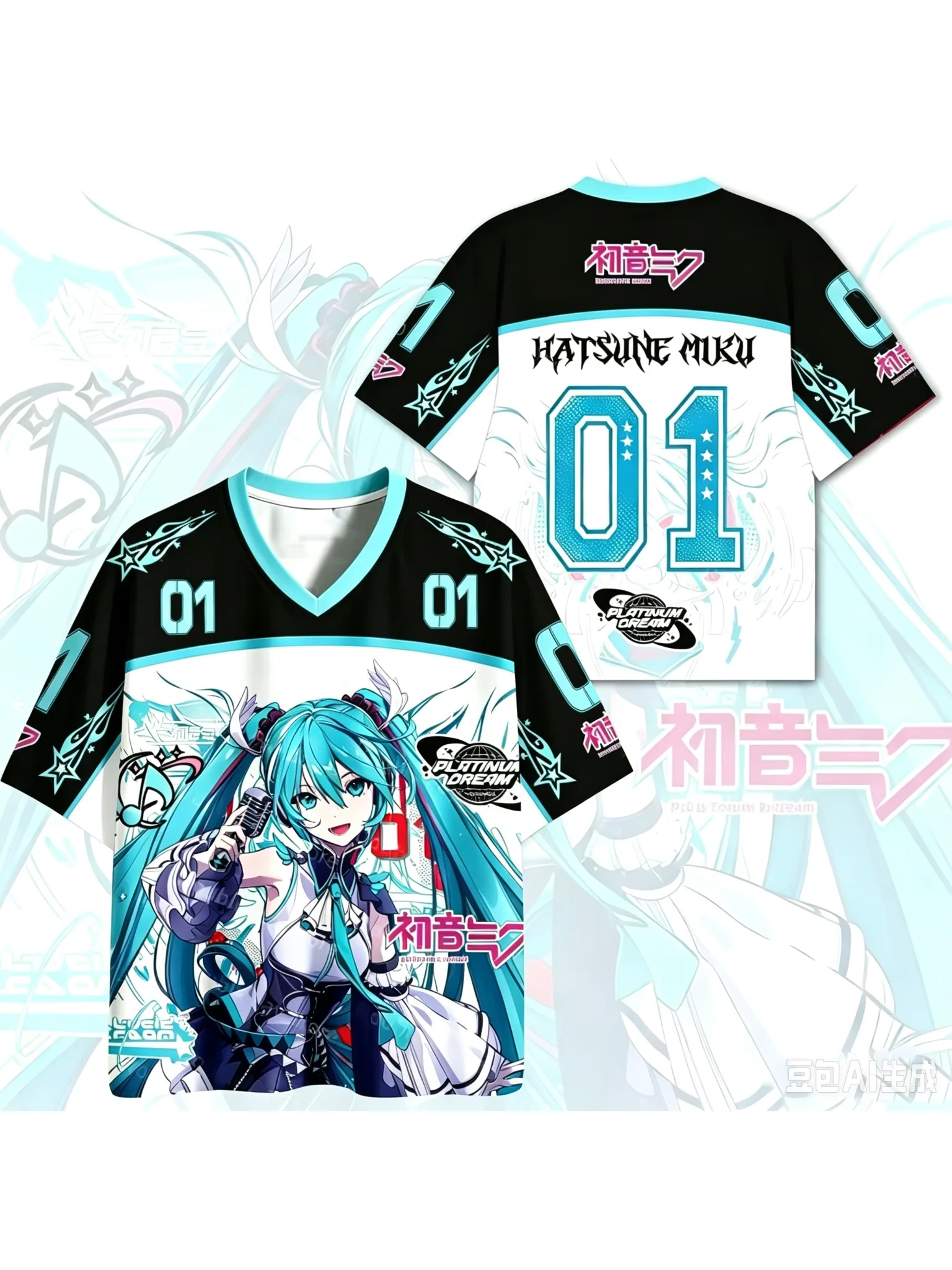 Hatsune Miku 01 Jersey T-Shirt Unisex 3D-Volldruck Streetwear Y2K-Stil Anime T-Shirt Lässiges Kurzarm-Sommer-Oberteil für Fans