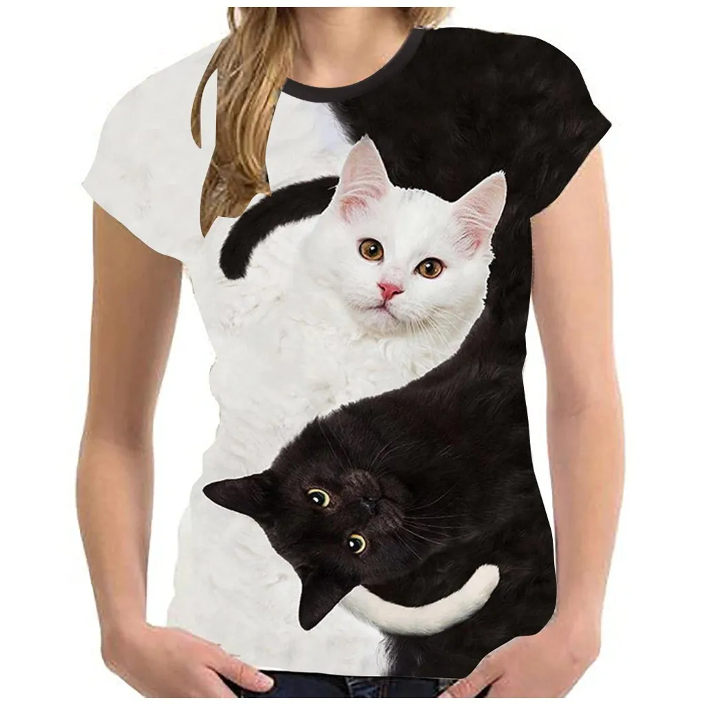 3D Black And White Cat Print Women'S T-Shirt Round Neck Short Sleeve Fitted Fashion Personality Top Cute Casual T-Shirt