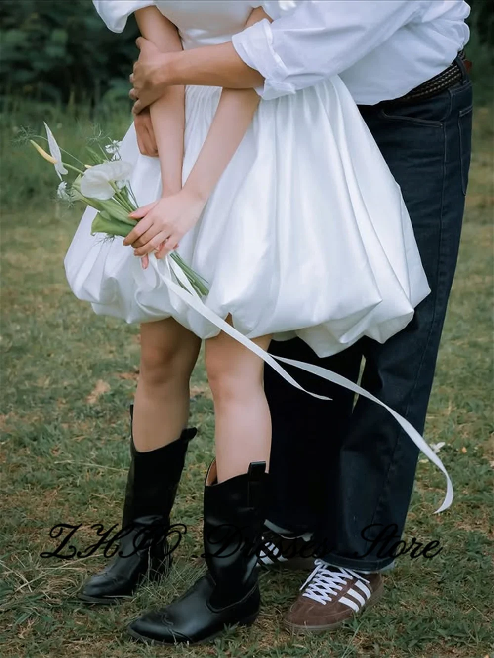 ZHIO Cute Square Collar Puff Sleeves Korea Short Wedding Dresses Satin A Line Customized Bride Photos Shoot Party Gowns